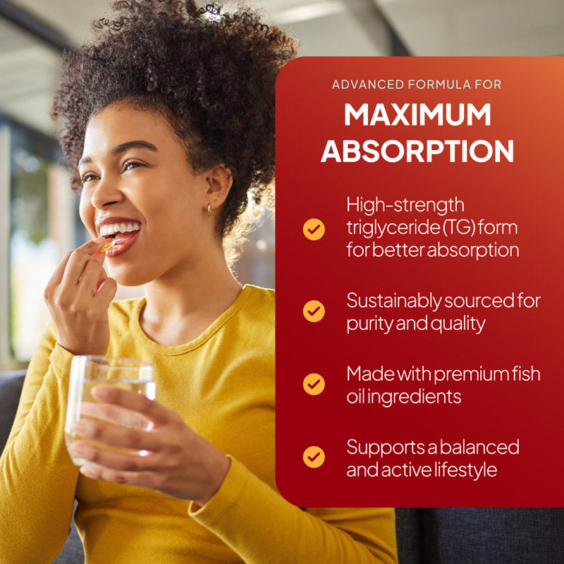 Omega 3 supplement lifestyle benefits image showing a smiling woman taking a softgel alongside claims about maximum absorption, triglyceride form, sustainably sourced ingredients, premium fish oil, and support for an active lifestyle