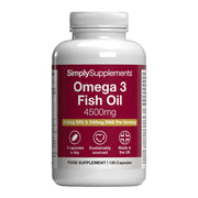 Simply Supplements Omega 3 4500mg food supplement bottle with 120 capsules, 810mg EPA and 540mg DHA per serving, 3 capsules a day, sustainably sourced, made in the UK