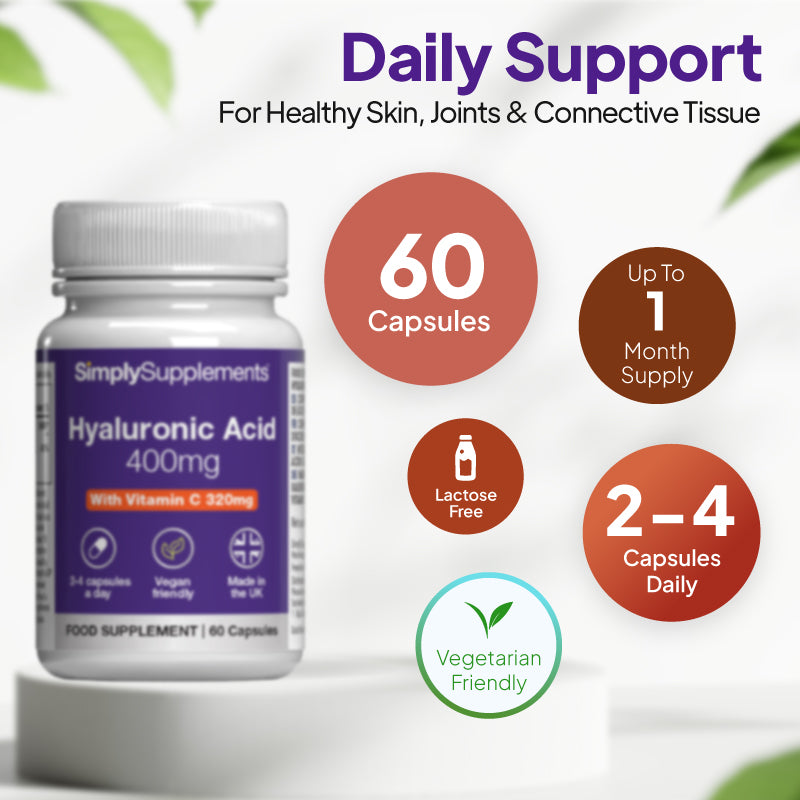 Supplement bottle labeled 'Simply Supplements Hyaluronic Acid 400mg' with health benefits on a white background
