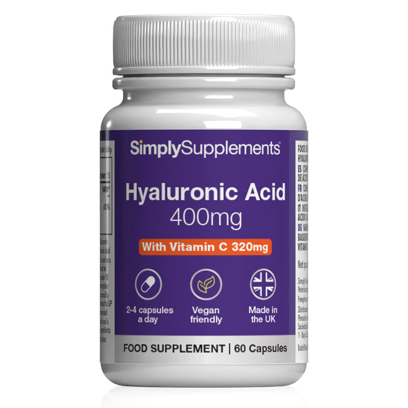 Hyaluronic Acid with Vitamin C Supplement by Simply Supplements on a white background
