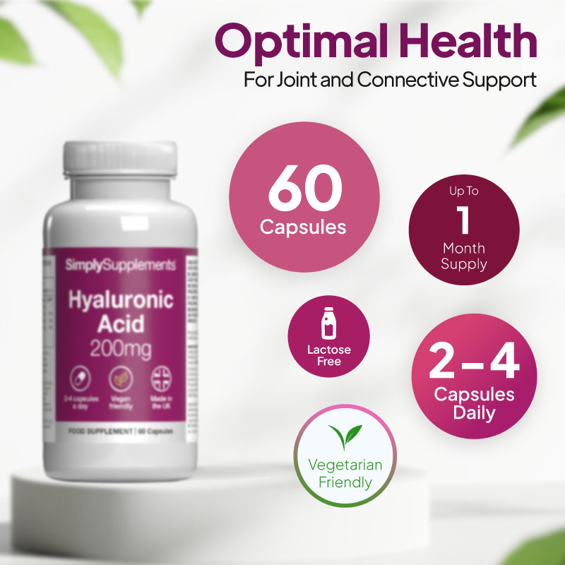 Hyaluronic Acid 200mg supplement bottle image with 60 capsules, up to 1 month supply, lactose free, 2 to 4 capsules daily, and vegetarian friendly