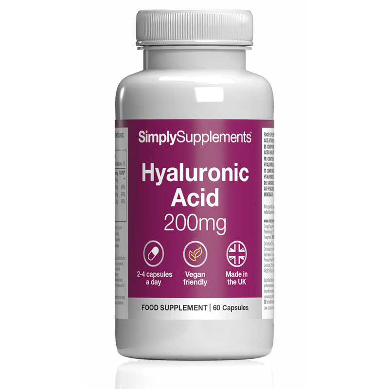 Simply Supplements Hyaluronic Acid 200mg food supplement bottle with 60 capsules, vegan friendly, 2 to 4 capsules a day, made in the UK