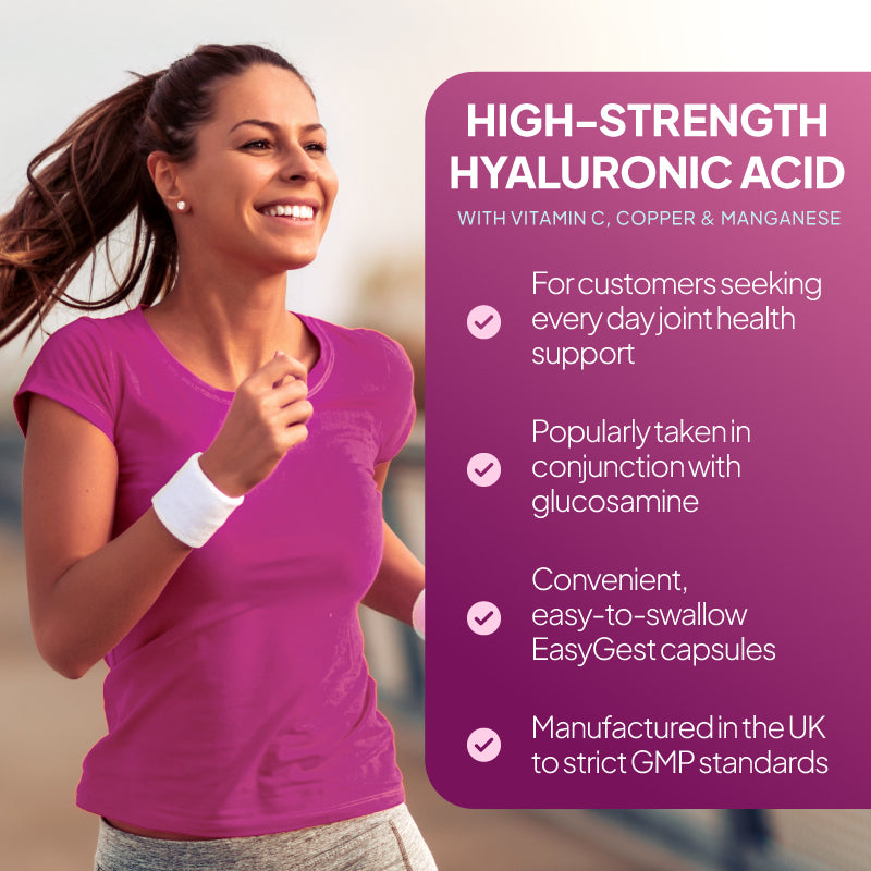 Hyaluronic acid supplement lifestyle benefits image showing claims about high-strength hyaluronic acid with vitamin C, copper and manganese for everyday joint health support, easy-to-swallow capsules, and UK good manufacturing standards