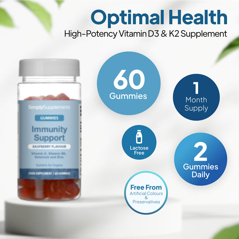 Immunity Support gummies bottle image with 60 gummies, 1 month supply, lactose free, 2 gummies daily, and free from artificial colours and preservatives