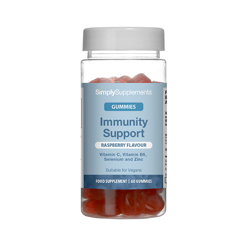 Simply Supplements Immunity Support gummies food supplement with raspberry flavour, vitamin C, vitamin B6, selenium and zinc, suitable for vegans, and 60 gummies