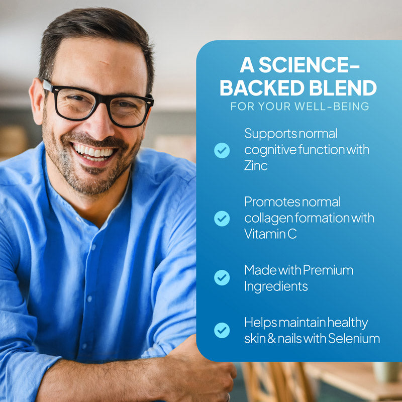 Immunity Support gummies lifestyle benefits image showing a smiling man alongside claims about cognitive function with zinc, collagen formation with vitamin C, premium ingredients, and support for healthy skin and nails with selenium