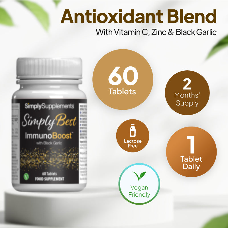Product infographic for Simply Supplements Simply Best ImmunoBoost showing 60 tablets, a 2 months’ supply, lactose free, vegan friendly, and a suggested intake of 1 tablet daily.