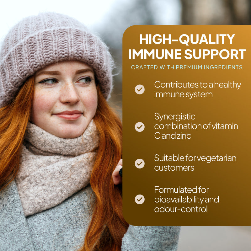Lifestyle promotional graphic for Simply Supplements Simply Best ImmunoBoost showing a woman in winter clothing beside text highlighting high-quality immune support, a synergistic blend of vitamin C and zinc, suitability for vegetarians, and a formula designed for bioavailability and odour control.