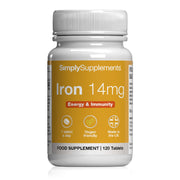 Supplement bottle labeled 'Iron 14mg' by Simply Supplements on a white background