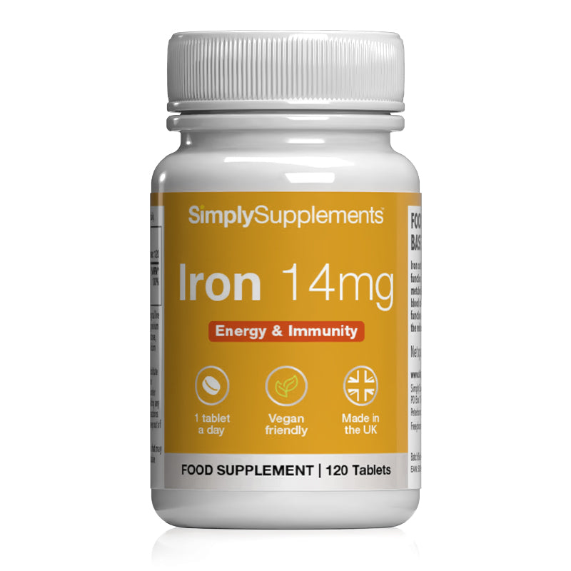 Supplement bottle labeled 'Iron 14mg' by Simply Supplements on a white background