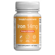 Supplement bottle labeled 'Iron 14mg' by Simply Supplements on a white background