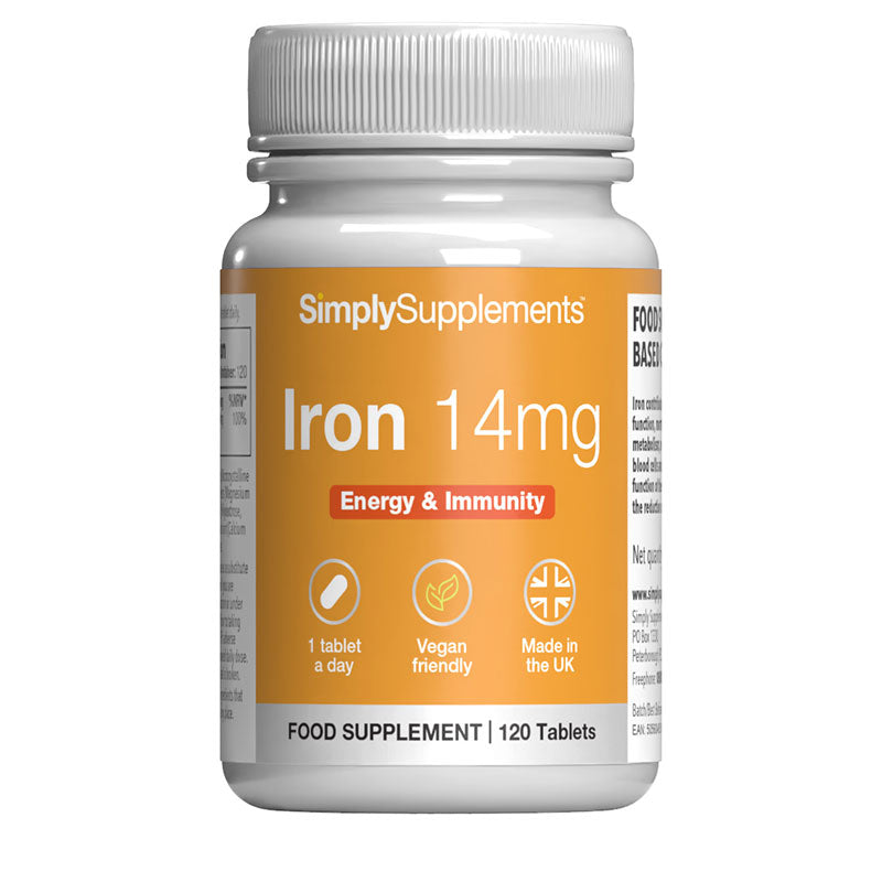 Supplement bottle labeled 'Iron 14mg' by Simply Supplements on a white background