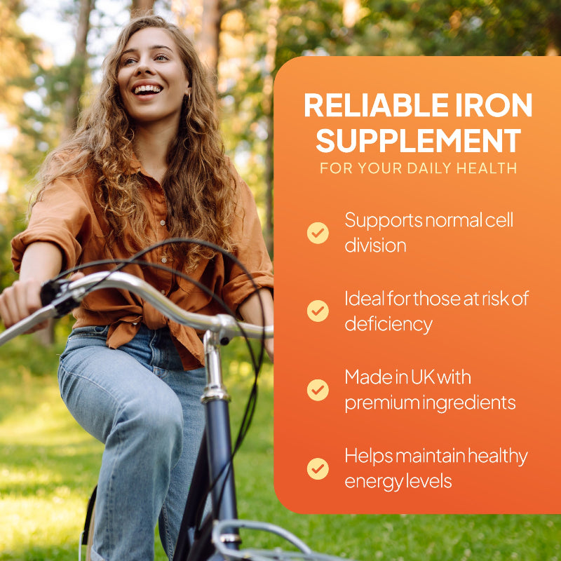Simply Supplements Iron 14mg supports normal cell division, ideal for those at risk for deficiency.