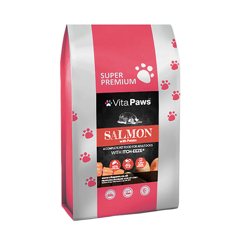 Vita Paws salmon with potato dog food package on a white background