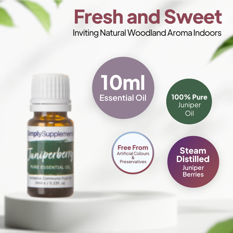 Simply Supplements Juniperberry essential oil graphic showing 10ml total, 100 percent pure juniper oil, steam-distilled juniper berries and free from artificial colours and preservatives.