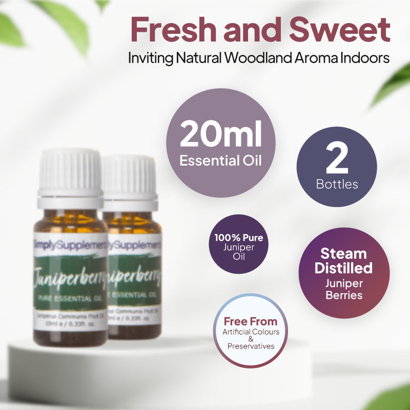 Simply Supplements Juniperberry essential oil graphic showing 20ml total, 2 bottles, 100 percent pure juniper oil, steam-distilled juniper berries and free from artificial colours and preservatives.