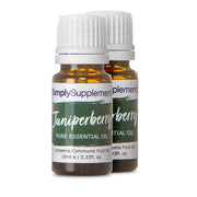 Two bottles of Simply Supplements Juniperberry pure essential oil on a white background