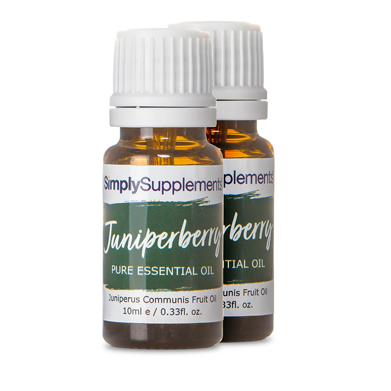 Two bottles of Simply Supplements Juniperberry pure essential oil on a white background