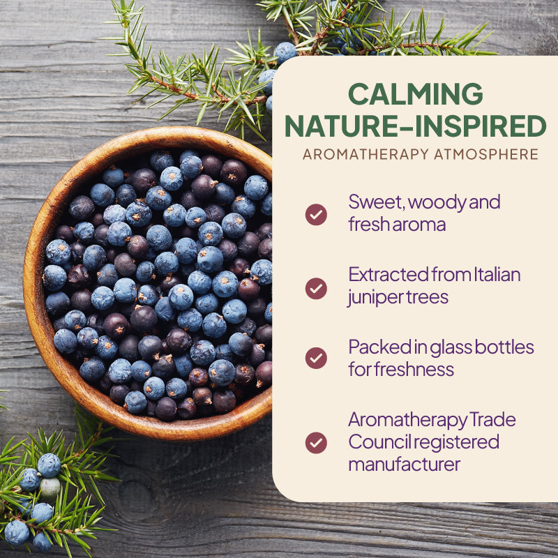 Simply Supplements Juniperberry essential oil lifestyle graphic highlighting sweet woody fresh aroma, Italian juniper tree sourcing, glass bottle packaging and Aromatherapy Trade Council registered manufacturer.