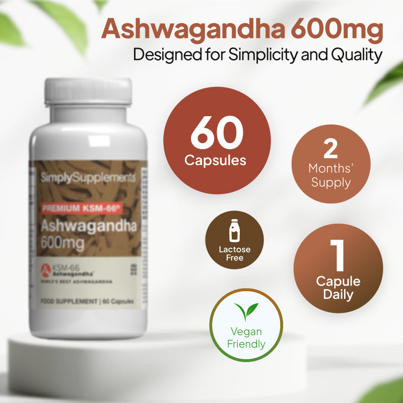 Ashwagandha 600mg supplement bottle image with 60 capsules, 2 months supply, lactose free, 1 capsule daily, and vegan friendly
