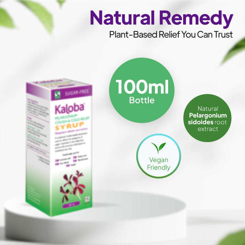 Product infographic for Kaloba Pelargonium Cough & Cold Relief Syrup, showing the product box on a white pedestal against a light background with green circular callouts under the heading “Natural Remedy” and subheading “Plant-Based Relief You Can Trust,” highlighting a 100ml bottle, natural Pelargonium sidoides root extract, and vegan friendly suitability.