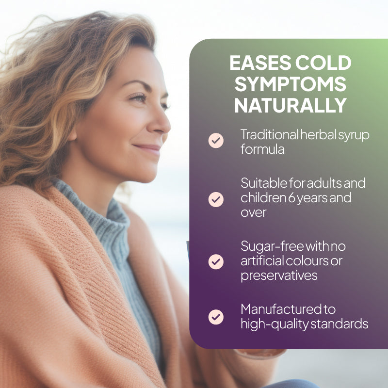 Lifestyle promotional graphic for Kaloba Pelargonium Cough & Cold Relief Syrup, showing a woman wrapped in a blanket beside a green-to-purple text panel reading “Eases Cold Symptoms Naturally,” with points highlighting a traditional herbal syrup formula, suitability for adults and children aged 6 years and over, sugar-free formulation with no artificial colours or preservatives, and high-quality manufacturing standards.