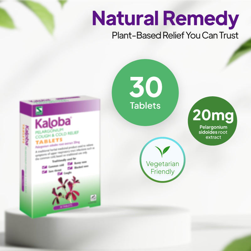Product infographic for Kaloba Pelargonium Cough & Cold Relief Tablets, showing the box on a white pedestal against a light background with green circular callouts under the heading “Natural Remedy” and subheading “Plant-Based Relief You Can Trust,” highlighting 30 tablets, 20 mg of Pelargonium sidoides root extract, and vegetarian-friendly suitability.