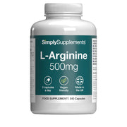 Supplement bottle labeled 'L-Arginine 500mg' by SimplySupplements on a white background