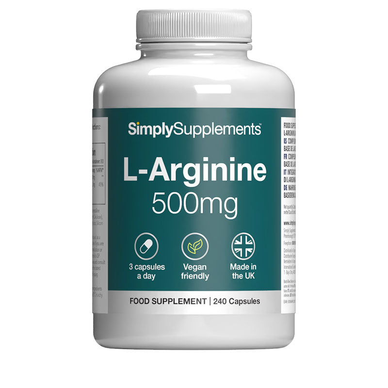 Supplement bottle labeled 'L-Arginine 500mg' by SimplySupplements on a white background