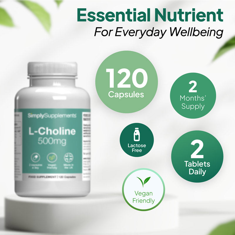 Simply Supplements L-Choline 500mg supplement with 120 capsules, 2 months’ supply, 2 capsules daily, lactose free and vegan friendly.