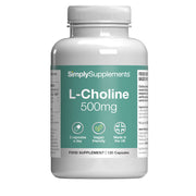 Supplement bottle labeled 'L-Choline 500mg' by SimplySupplements on a white background