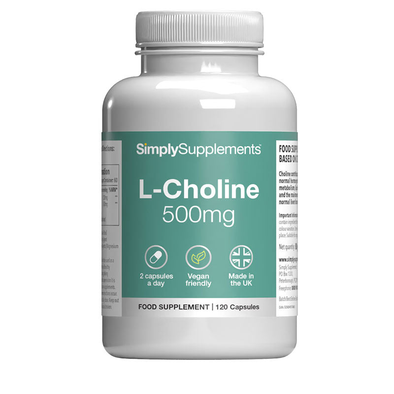 Supplement bottle labeled 'L-Choline 500mg' by SimplySupplements on a white background