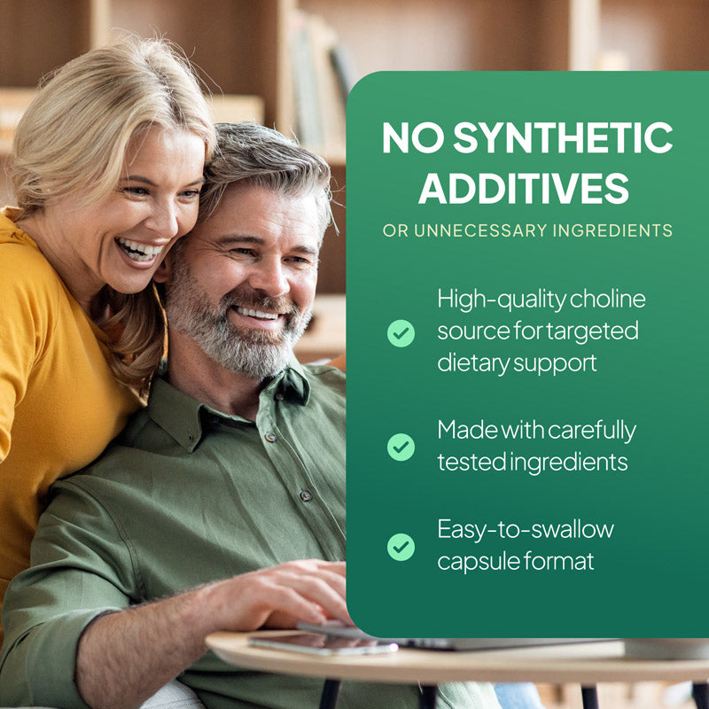 Simply Supplements L-Choline 500mg lifestyle graphic highlighting no synthetic additives, tested ingredients, targeted dietary support and an easy-to-swallow capsule format.