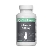 Vita Paws L-Lysine 500mg supplement bottle for cats on a white background