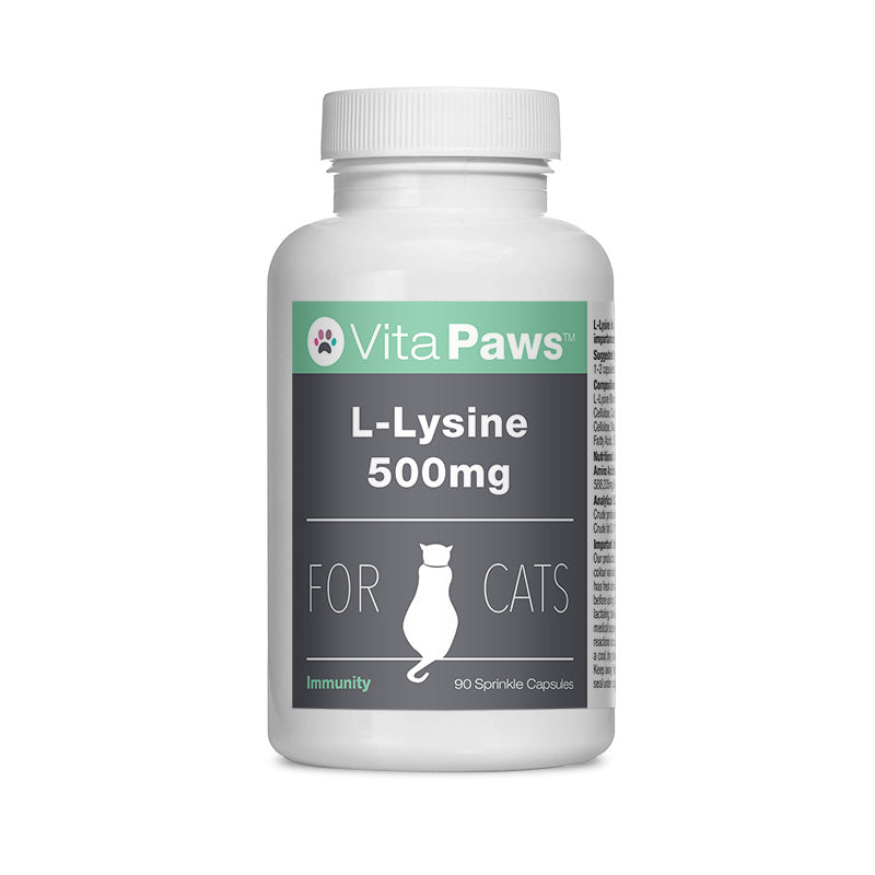 Vita Paws L-Lysine 500mg supplement bottle for cats on a white background