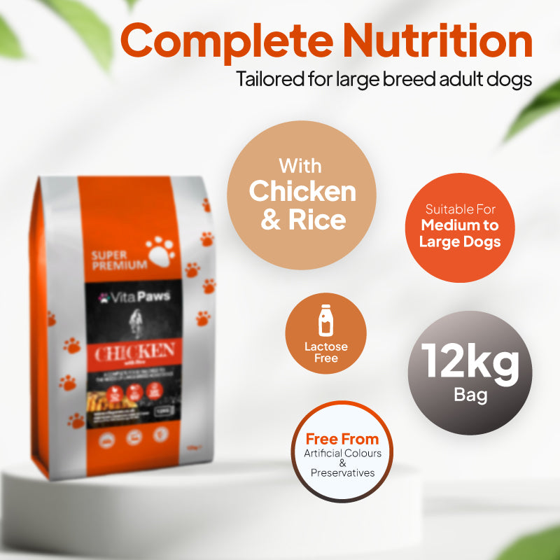Chicken and rice dog food in a 12kg bag for medium to large dogs, lactose free and free from artificial colours and preservatives