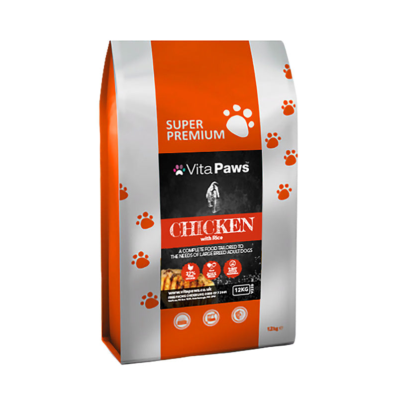 VitaPaws dog food package with chicken and rice on an orange and gray background