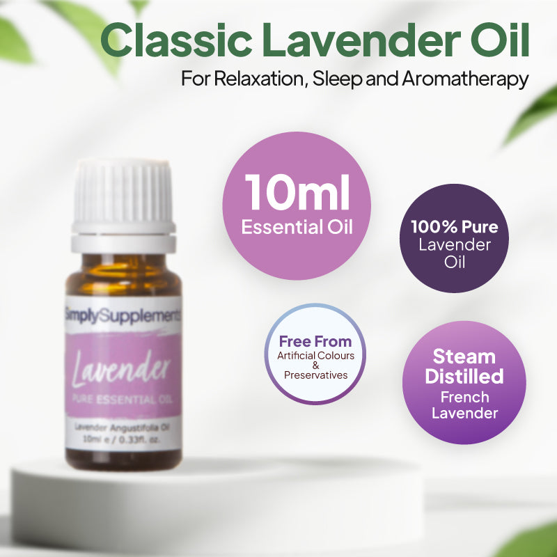 Simply Supplements Lavender essential oil graphic showing 10ml total, 100 percent pure lavender oil, steam-distilled French lavender and free from artificial colours and preservatives.