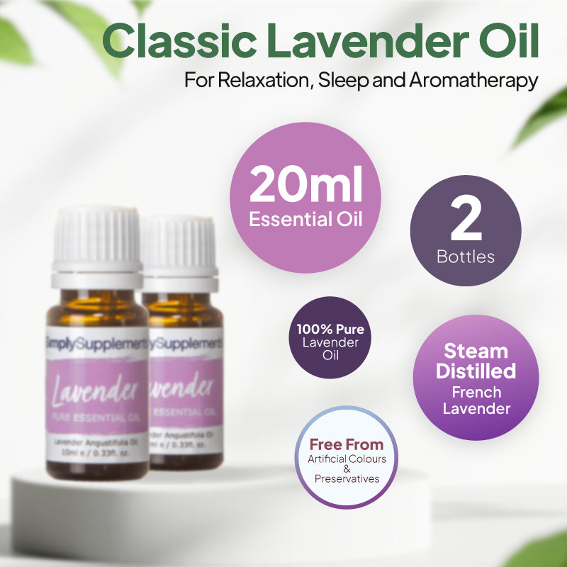 Simply Supplements Lavender essential oil graphic showing 20ml total, 2 bottles, 100 percent pure lavender oil, steam-distilled French lavender and free from artificial colours and preservatives.