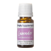 Bottle of Simply Supplements Lavender pure essential oil on a white background