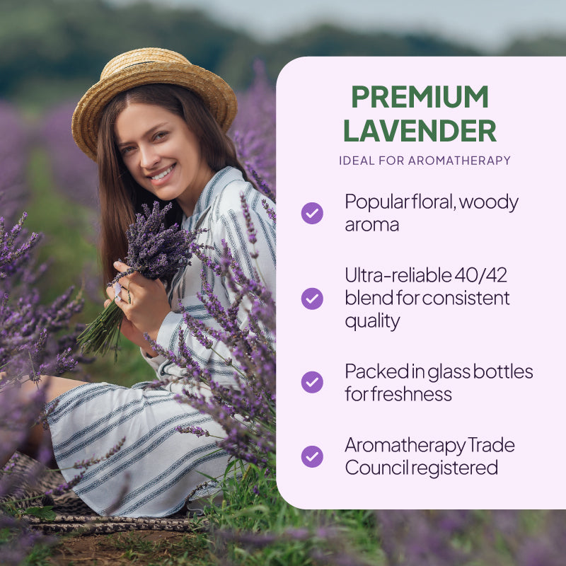 Simply Supplements Lavender essential oil lifestyle graphic highlighting floral woody aroma, reliable Lavender 40/42 blend, glass bottle packaging and Aromatherapy Trade Council registered manufacturer.