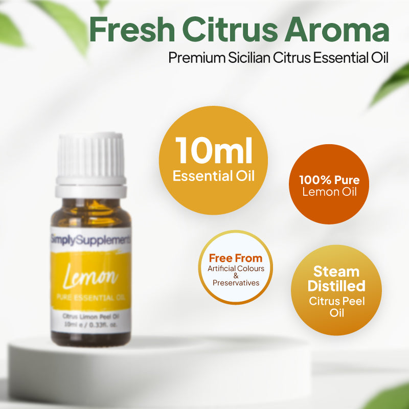 Simply Supplements Lemon essential oil graphic showing 10ml total, 100 percent pure lemon oil, citrus peel essential oil and free from artificial colours and preservatives.