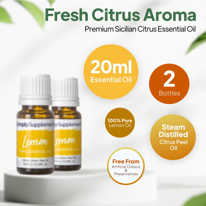 Simply Supplements Lemon essential oil graphic showing 20ml total, 2 bottles, 100 percent pure lemon oil, citrus peel essential oil and free from artificial colours and preservatives.