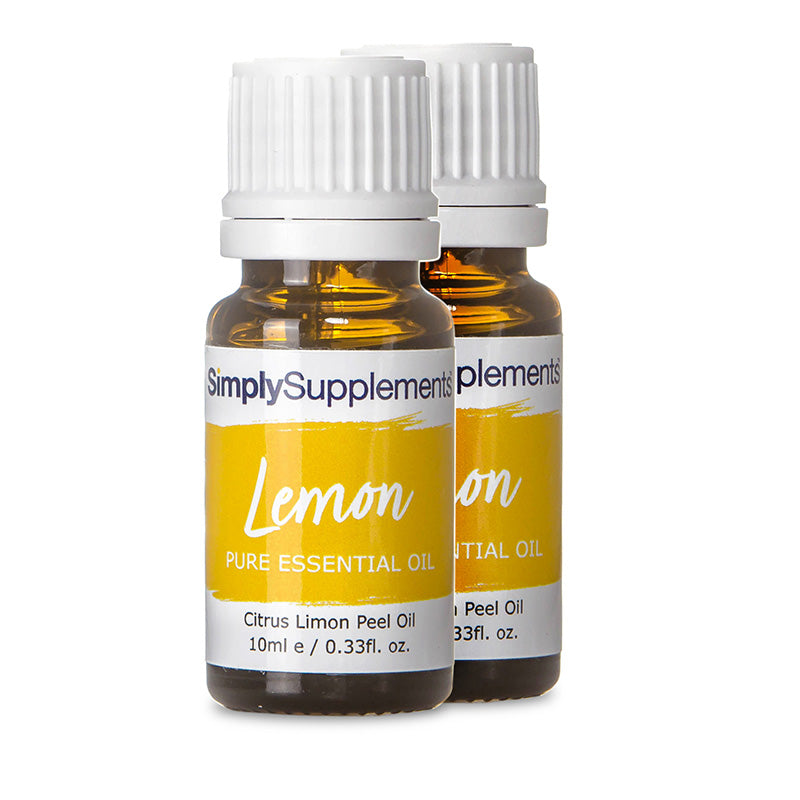 Two bottles of Simply Supplements Lemon Pure Essential Oil on a white background