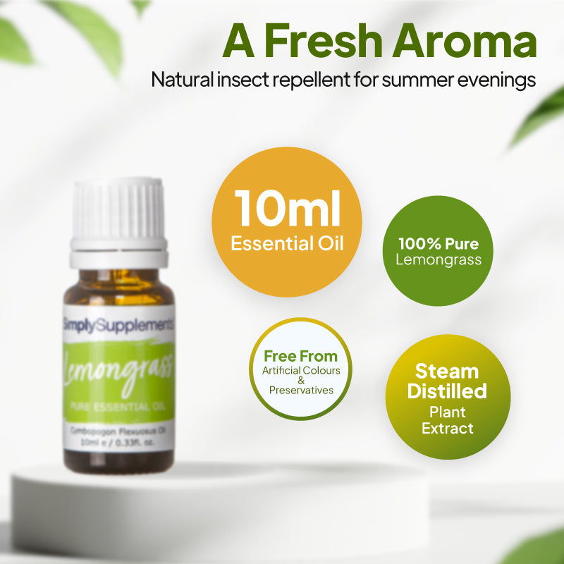 Simply Supplements Lemongrass essential oil graphic showing 10ml total, 100 percent pure lemongrass oil, steam-distilled plant extract and free from artificial colours and preservatives.
