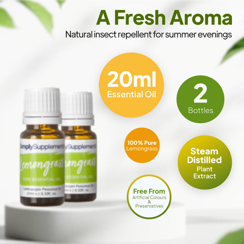Simply Supplements Lemongrass essential oil graphic showing 20ml total, 2 bottles, 100 percent pure lemongrass oil, steam-distilled plant extract and free from artificial colours and preservatives.