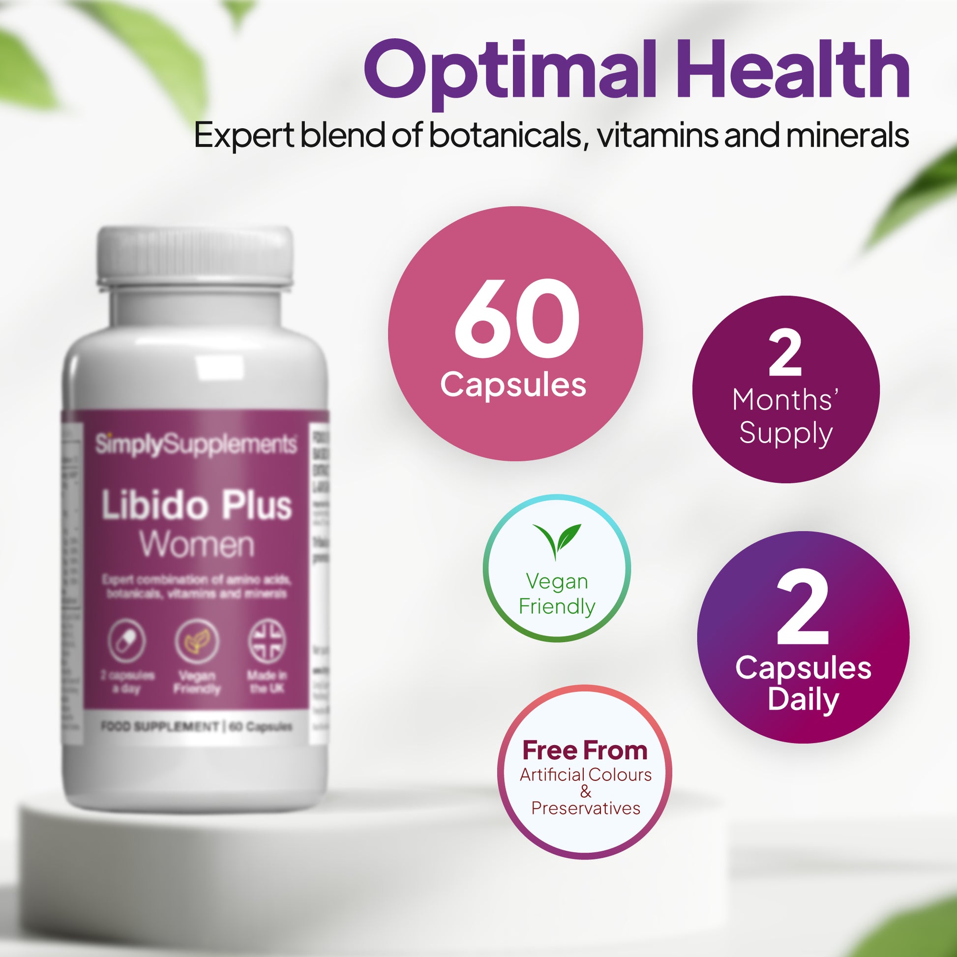 Simply Supplements Libido Plus Women supplement with 60 capsules, 1 month supply, 2 capsules daily, vegan friendly, and lactose free.