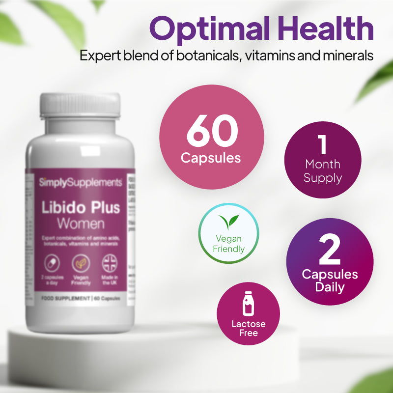 Simply Supplements Libido Plus Women supplement with 60 capsules, 1 month supply, 2 capsules daily, vegan friendly, and lactose free.