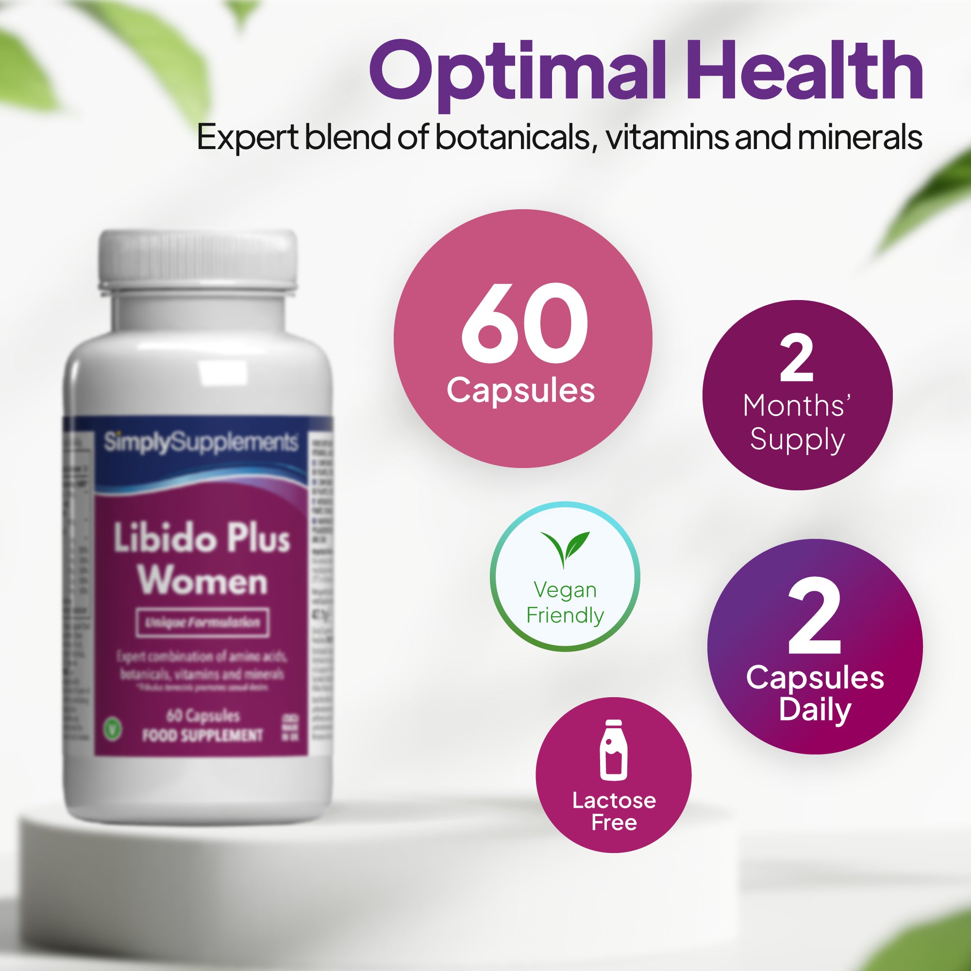 Simply Supplements Libido Plus Women supplement with 60 capsules, 2 months’ supply, 2 capsules daily, vegan friendly, and lactose free.