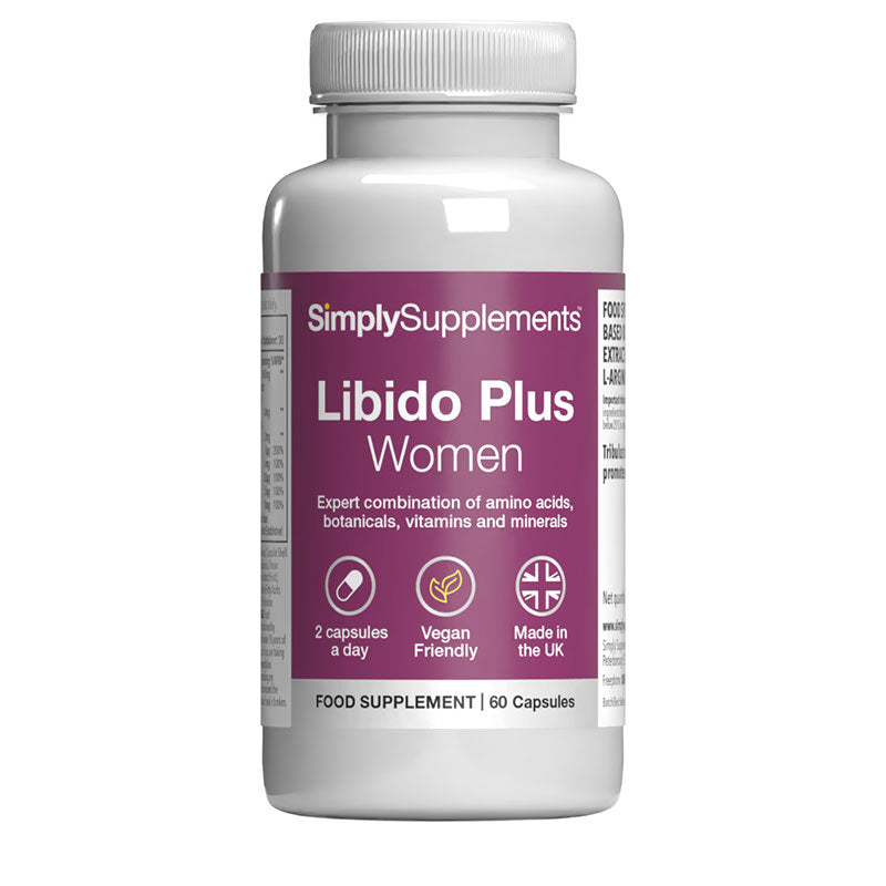 Simply Supplements Libido Plus Women food supplement, 60 capsules, expert combination of amino acids, botanicals, vitamins and minerals, vegan friendly, made in the UK.